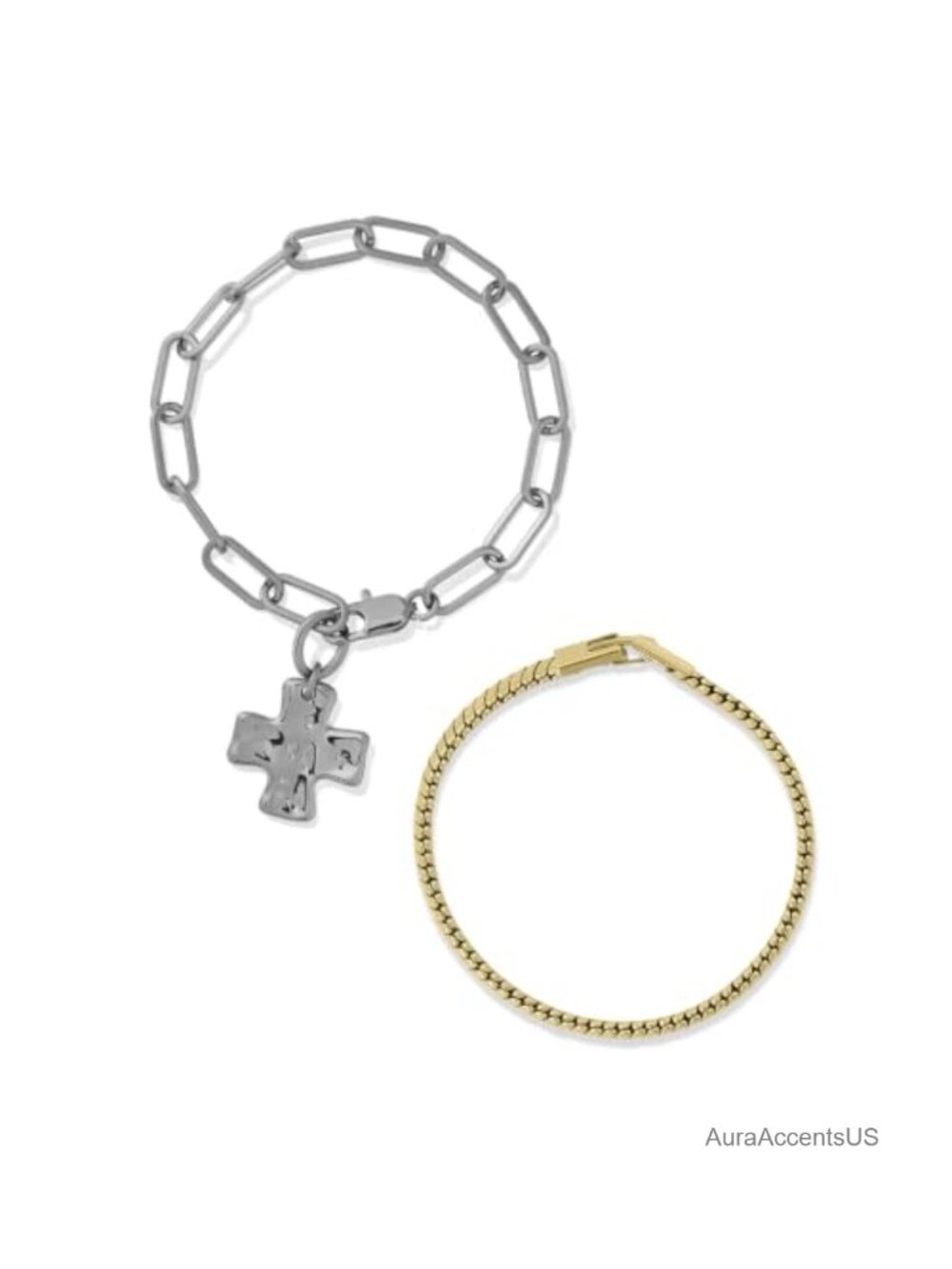 Chunky Cross Bracelet Set Stainless Steel Mixed Metals Women Stackable